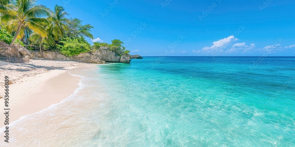 Naklejka premium Island has a lovely beach with palm trees and a blue water.