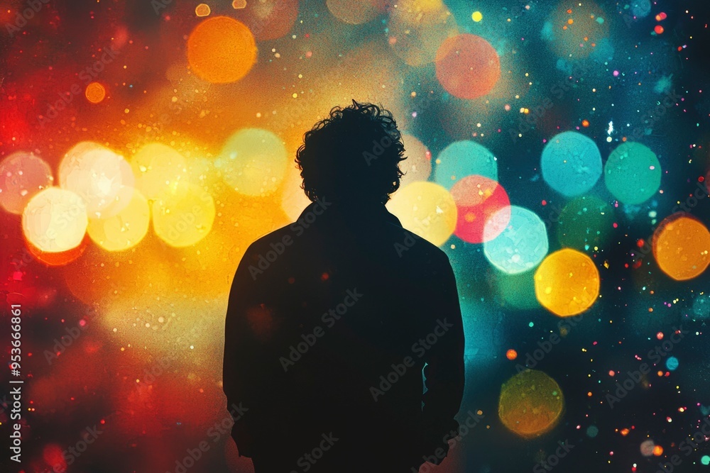 A Silhouette of a Person Standing Before a Colorful Bokeh Background A Silhouette of a Person Standing Before a Colorful Bokeh Background
