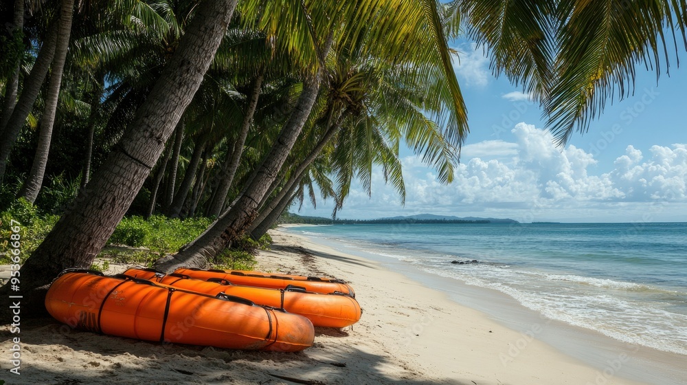Rescue tubes attached to coconut palms on the beach, illustrating beach ...