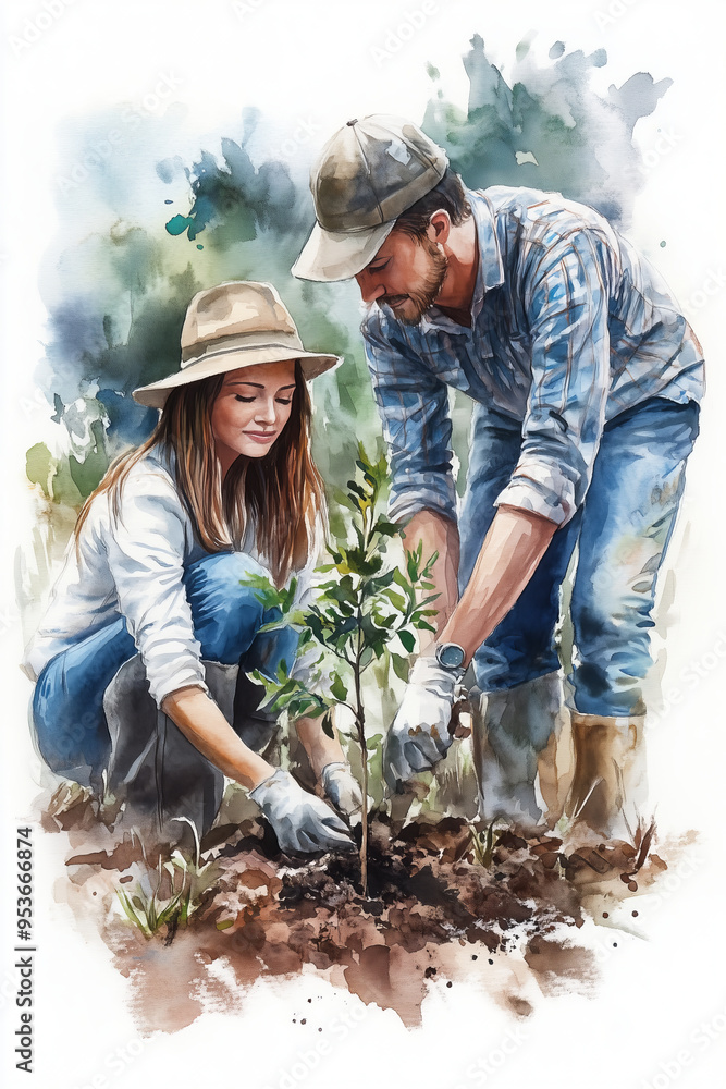 Watercolor paintings of women and men helping to plant trees in the forest. Watercolor paintings of women and men helping to plant trees in the forest.