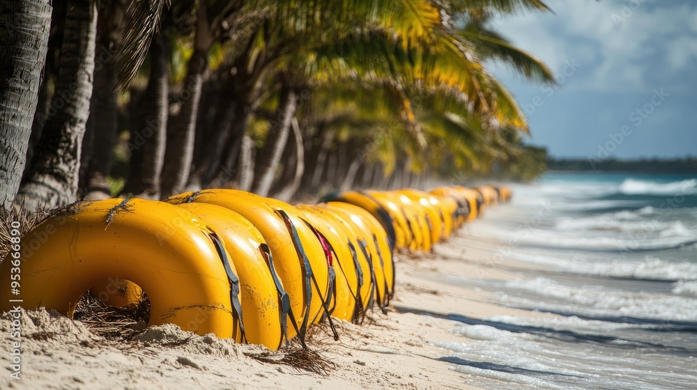 Rescue tubes attached to coconut palms on the beach, illustrating beach ...