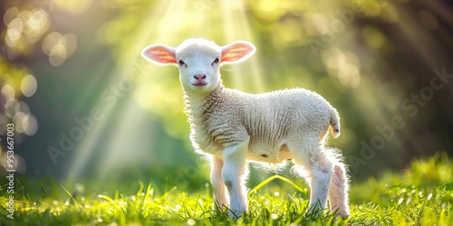 A fluffy white lamb stands in a lush green field with sunlight streaming through the trees behind it.