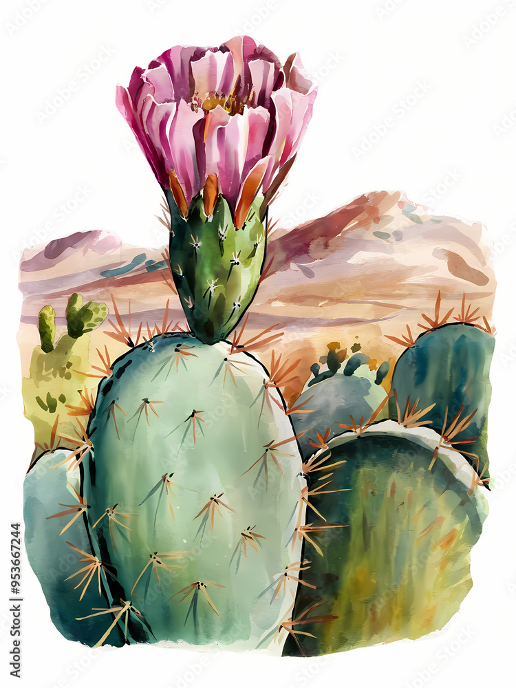 Obraz premium Watercolor cactus with blooming flower, isolated on white background