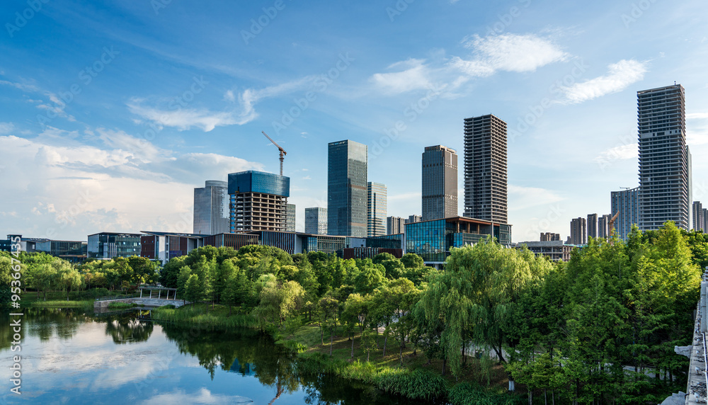 Urban Oasis: A Serene View of Modern City Skyline and Nature Urban Oasis: A Serene View of Modern City Skyline and Nature