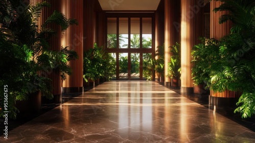 Luxurious Hotel Corridor with Ornate Decor and Warm Lighting