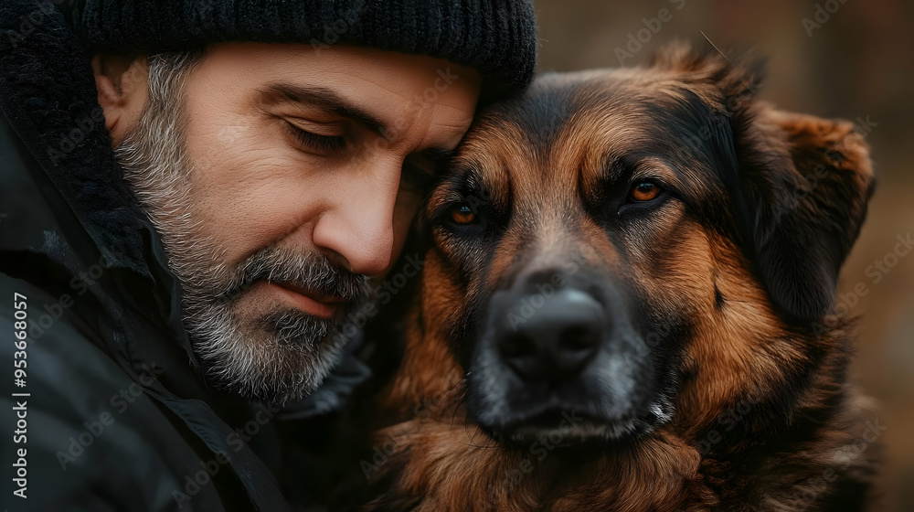 A man with a beard and a beanie rests his head on a german shepherd's head, close-up. A man with a beard and a beanie rests his head on a german shepherd's head, close-up.