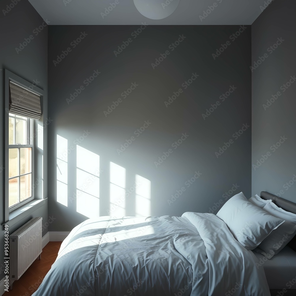 Fototapeta premium interior of a white bedroom with a single bed Infront of a huge window