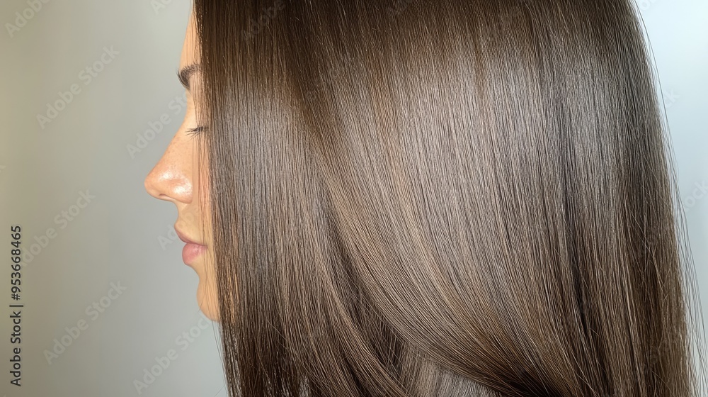 Side view of a woman straightened brown hair, cascading smoothly over her shoulders, emphasizing the shine and smoothness after treatment. Side view of a woman straightened brown hair, cascading smoothly over her shoulders, emphasizing the shine and smoothness after treatment.