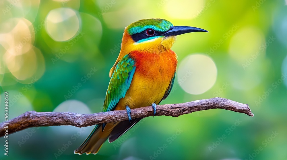 Obraz premium A vibrant green and yellow bird with a long black beak perches on a branch against a blurry green background.