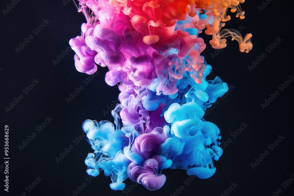 Fototapeta premium Ink drop creates colorful bubbles in dynamic flow. Vivid abstract design on black background.