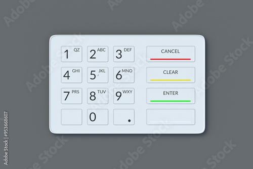 One ATM keypad on black background. Cash dispenser keyboard. Automated teller machine panel. Financial concept. Money withdrawal. Top view. 3d render photo