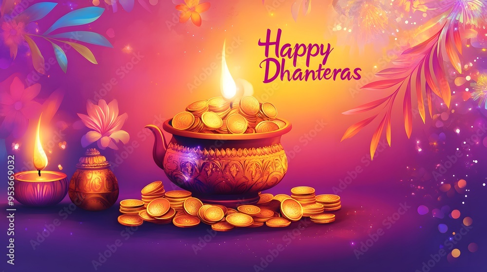 A golden pot overflowing with coins and lit by a candle flame, a celebration of wealth and prosperity, for the festival of Dhanteras. A golden pot overflowing with coins and lit by a candle flame, a celebration of wealth and prosperity, for the festival of Dhanteras.