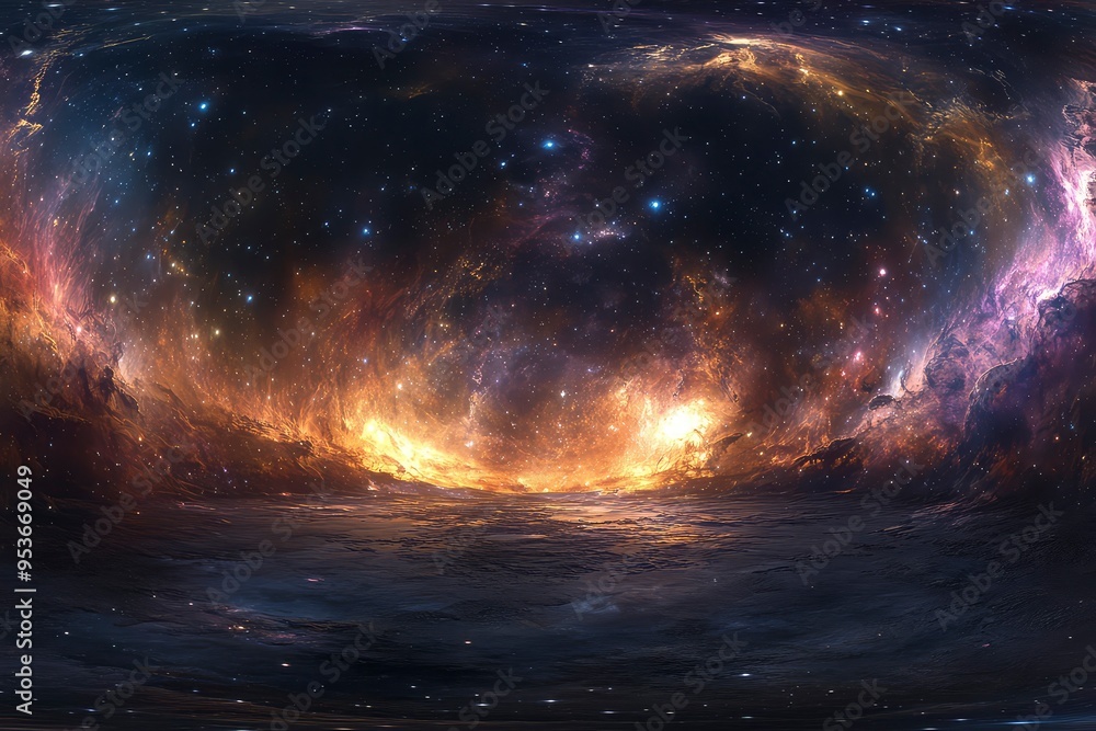 Fototapeta premium 360 degree space background with nebula and stars, equirectangular projection, environment map. HDRI spherical panorama. 3d illustration with generative ai
