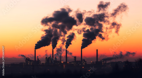 Industrial Landscape with Factory Chimneys Emitting Thick Smoke at Sunrise, Highlighting Air Pollution and Environmental Impact