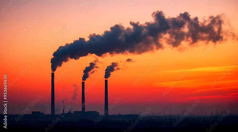 Industrial Factory with Thick Smoke Rising from Chimneys at Sunrise, Symbolizing Air Pollution and Environmental Challenges Industrial Factory with Thick Smoke Rising from Chimneys at Sunrise, Symbolizing Air Pollution and Environmental Challenges