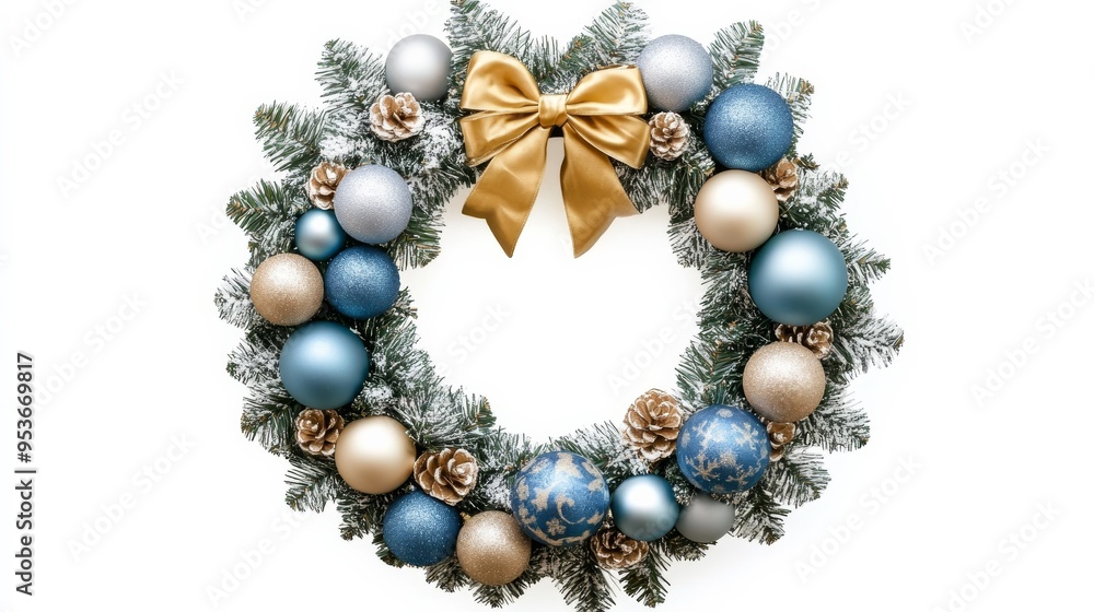 Golden-bowed wreath with gray, blue baubles Golden-bowed wreath with gray, blue baubles