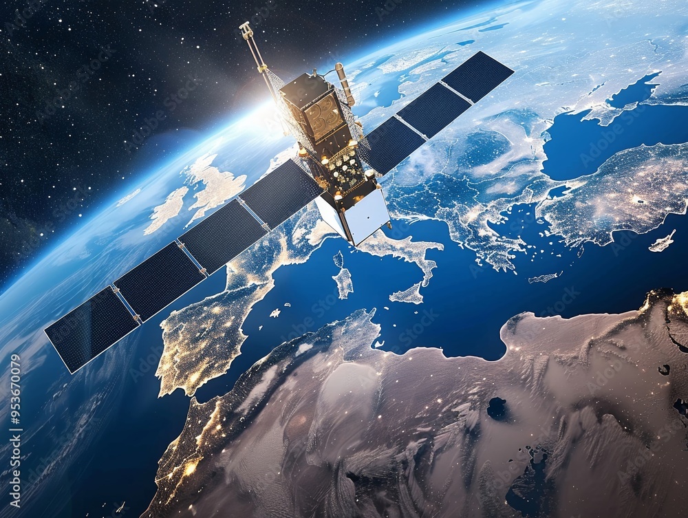 High-tech satellite in orbit focusing on digital enhancements over Europe High-tech satellite in orbit focusing on digital enhancements over Europe