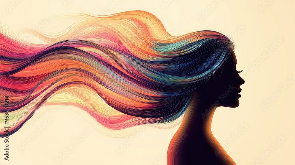 Silhouette of vibrant hair blowing gently in the wind, set against a subtle beige background for a lively and natural feel. Silhouette of vibrant hair blowing gently in the wind, set against a subtle beige background for a lively and natural feel.