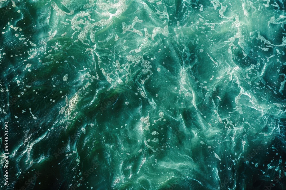 Fototapeta premium Soft focus top view of dark green water with sunlight shapes. Vibrant aqua texture background.