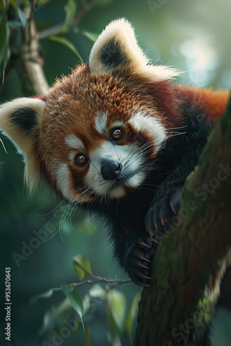 A close-up portrait of a red panda, with its striking reddish-brown fur, white markings, and large, expressive eyes. The animal is perched on a tree branch, its paws gripping the bark. 