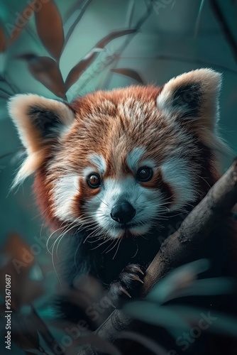 A red panda with large brown eyes sits on a branch in a forest.
