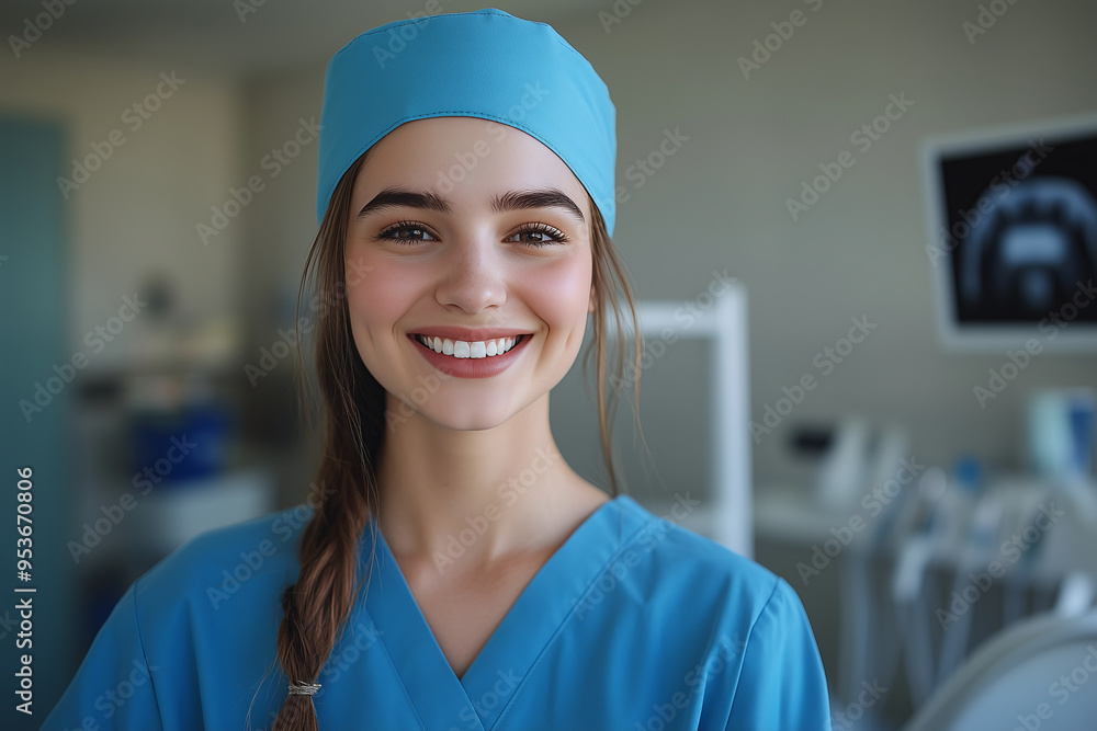 Caucasian female dentist smiling with confidence in dentistry room and dental bed, dental surgery Caucasian female dentist smiling with confidence in dentistry room and dental bed, dental surgery