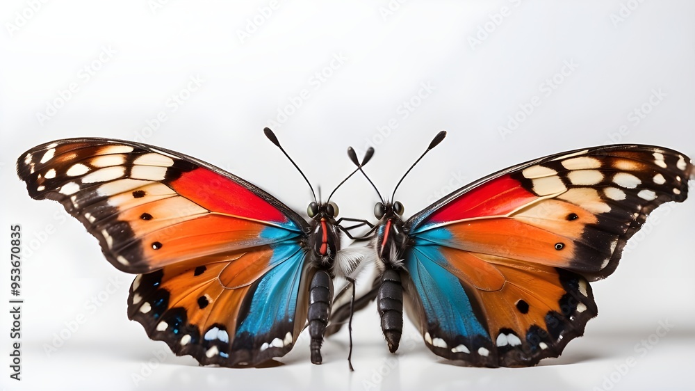 A butterfly with richly colored wings settled on a white background, the minimal setting enhancing the beauty and detail of the butterfly's wings. A butterfly with richly colored wings settled on a white background, the minimal setting enhancing the beauty and detail of the butterfly's wings.