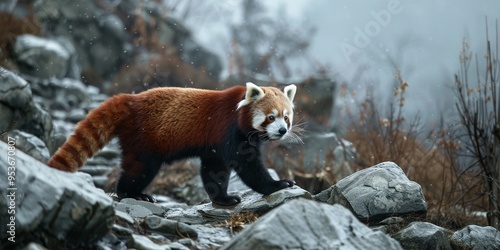 A red panda walks on rocks in a foggy forest.