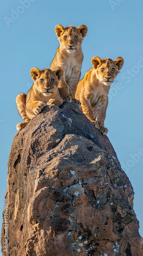 Three lion cubs perched on a large rock with a clear blue sky in the background.
