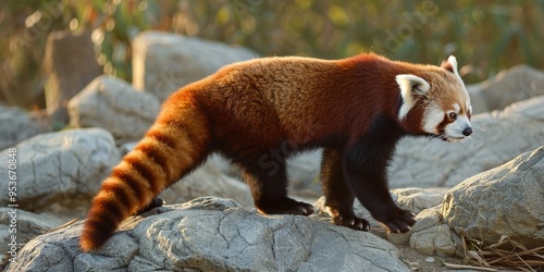 A red panda walks on rocks with its bushy tail trailing behind it.