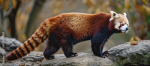 A red panda walks on a rock with a blurred background of autumn foliage.