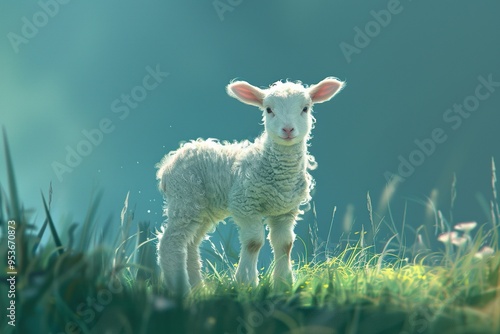 A cute white lamb stands in a field of green grass, looking directly at the camera.
