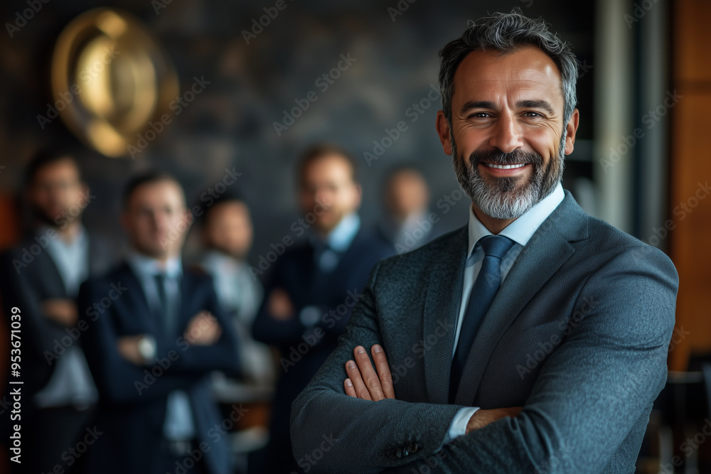 Team of businessmen smiling with confidence in office, leadership, organization Team of businessmen smiling with confidence in office, leadership, organization