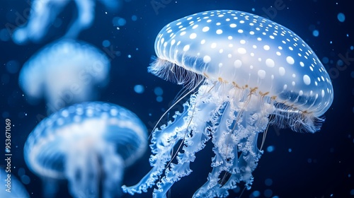 A spotted jellyfish with long white tentacles floats in a deep blue sea.