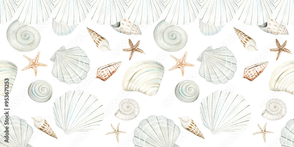 Seamless pattern and border of beige sea shells, stars and pebbles watercolor illustration on white background. Hand drawn ocean clams clipart for nautical and seaside designs in monochrome pastel Seamless pattern and border of beige sea shells, stars and pebbles watercolor illustration on white background. Hand drawn ocean clams clipart for nautical and seaside designs in monochrome pastel