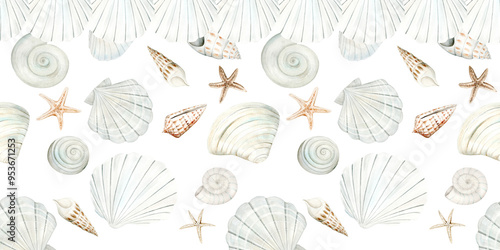 Wallpaper Mural Seamless pattern and border of beige sea shells, stars and pebbles watercolor illustration on white background. Hand drawn ocean clams clipart for nautical and seaside designs in monochrome pastel Torontodigital.ca