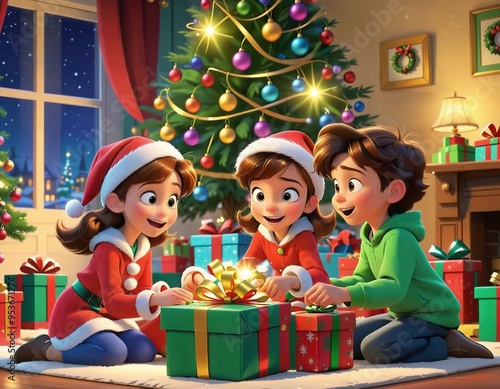 Joyful children opening Christmas gifts