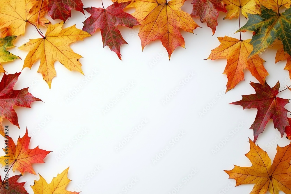 Fototapeta premium Autumn Maple Leaves Flat Lay White Background created with Generative AI