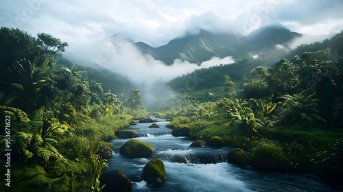 A misty jungle river flows ...