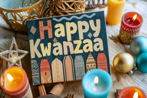 Festive Kwanzaa setup with candles and a sign reading Happy Kwanzaa