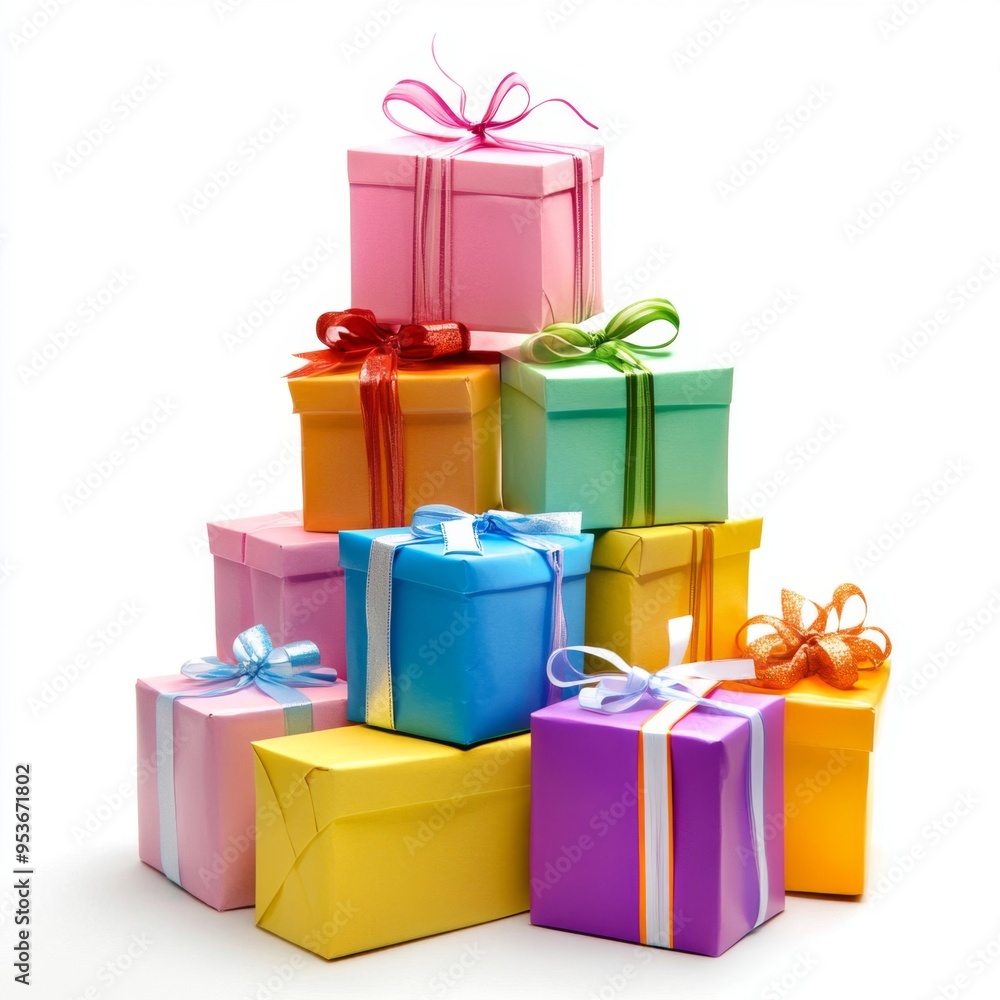 A Tower of Festive Joy: Colorful gift boxes piled high, adorned with vibrant ribbons, against a clean white backdrop, evoke the excitement and anticipation of celebration. A Tower of Festive Joy: Colorful gift boxes piled high, adorned with vibrant ribbons, against a clean white backdrop, evoke the excitement and anticipation of celebration.