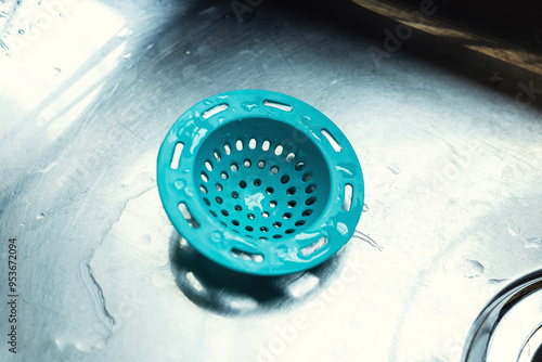 Drain. Water drainage, blue plastic drain, perforated part