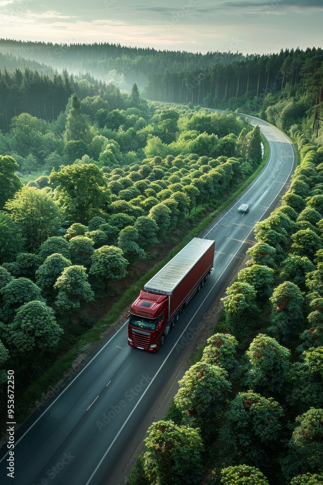 Aerial perspective of sustainable transport car and hydrogen energy truck on highway through forest