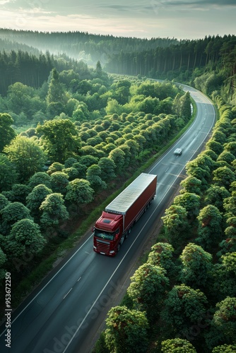 Obraz na płótnie Aerial perspective of sustainable transport car and hydrogen energy truck on highway through forest w salonie