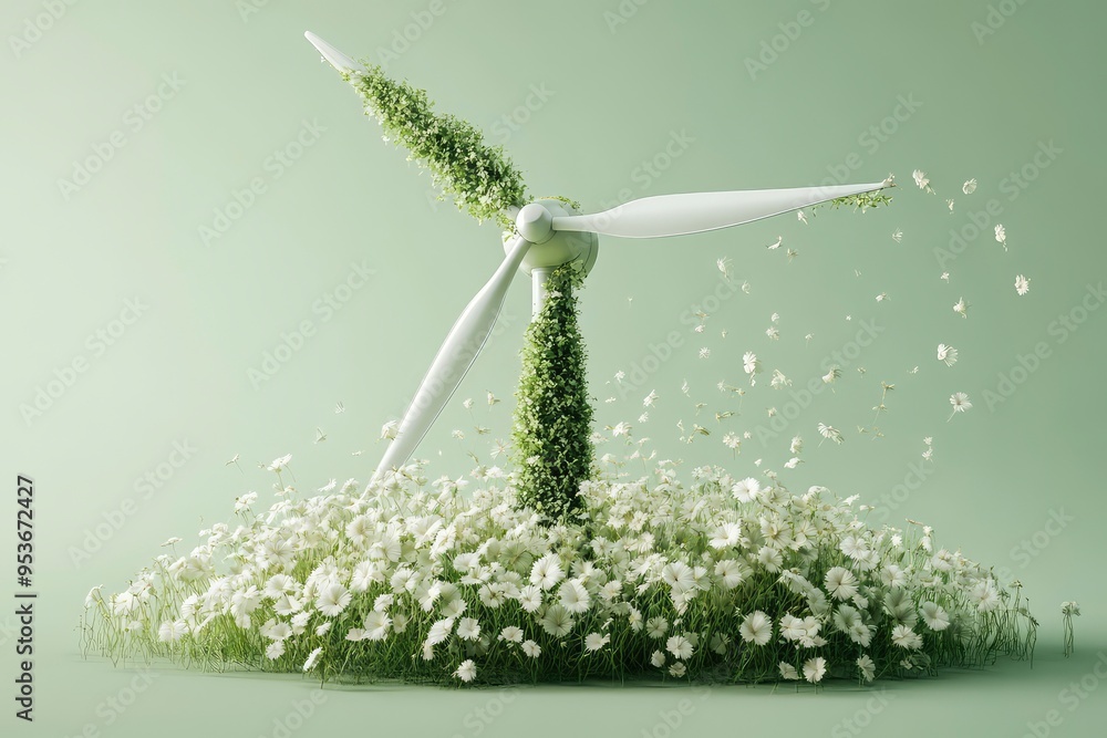 3d Illustration of wind turbine covered with plants over green background with generative ai 3d Illustration of wind turbine covered with plants over green background with generative ai