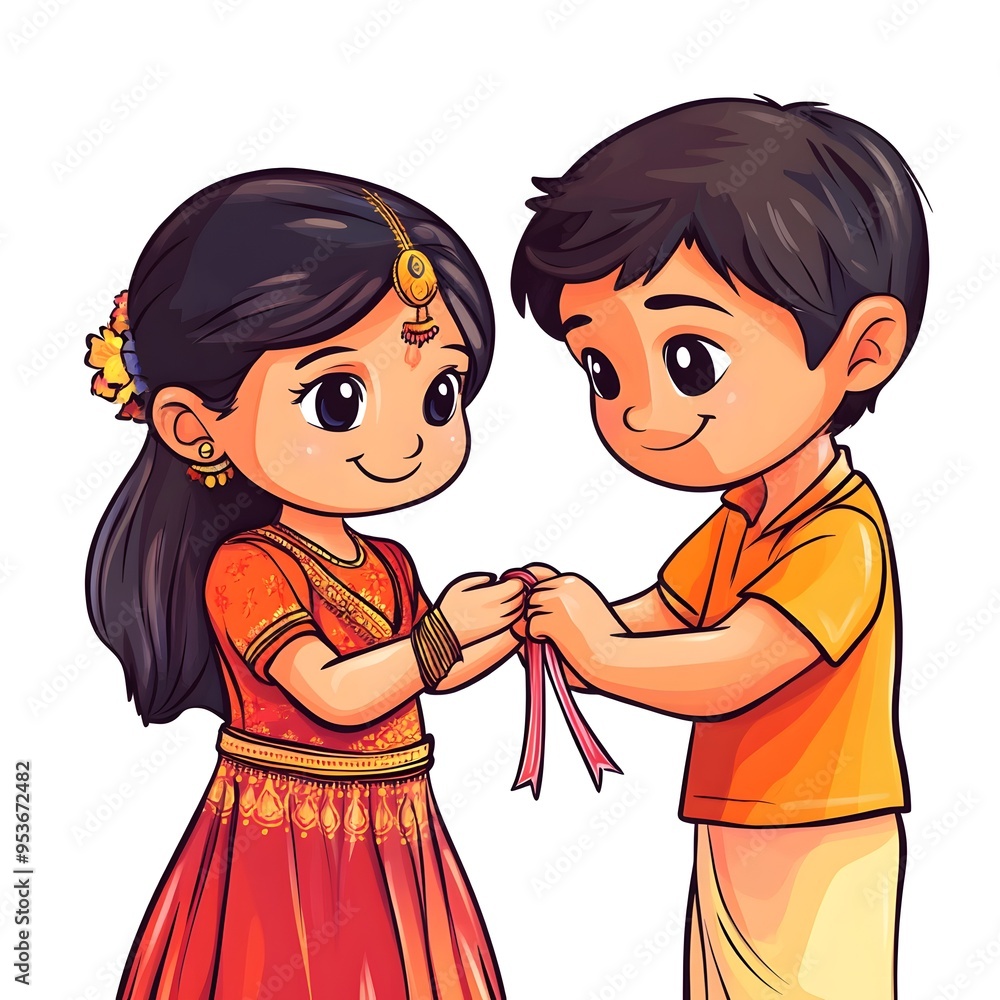 A young girl tying a rakhi on her brother's wrist, a traditional Indian custom celebrated during Raksha Bandhan. A young girl tying a rakhi on her brother's wrist, a traditional Indian custom celebrated during Raksha Bandhan.