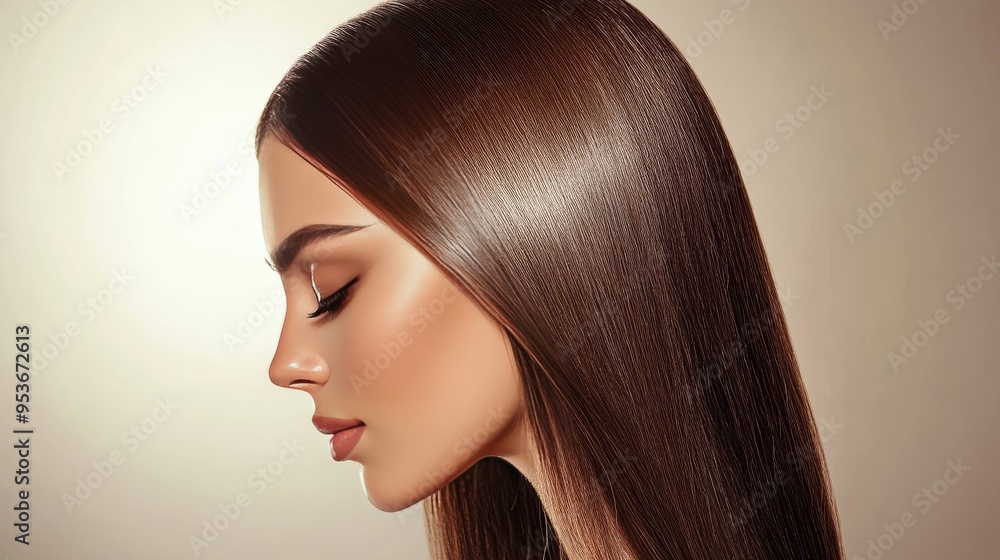 Naklejka premium Studio shot of a beautiful girl with sleek, shiny brown hair, perfectly straight and smooth, exuding health and luxury hair care.