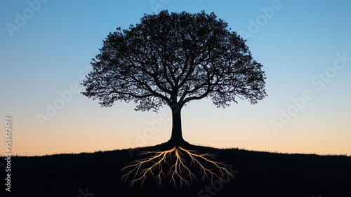 Wallpaper Mural The silhouette of an ancient tree with glowing roots extending into the earth, symbolizing the deep connection between nature and night, Tree, Glowing Torontodigital.ca