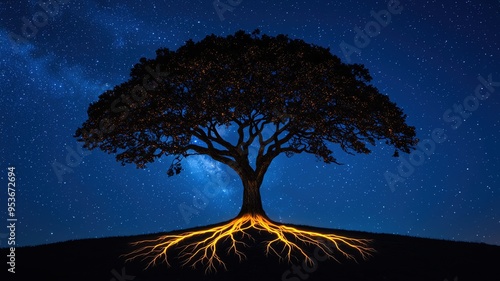 The silhouette of an ancient tree with glowing roots extending into the earth, symbolizing the deep connection between nature and night, Tree, Glowing