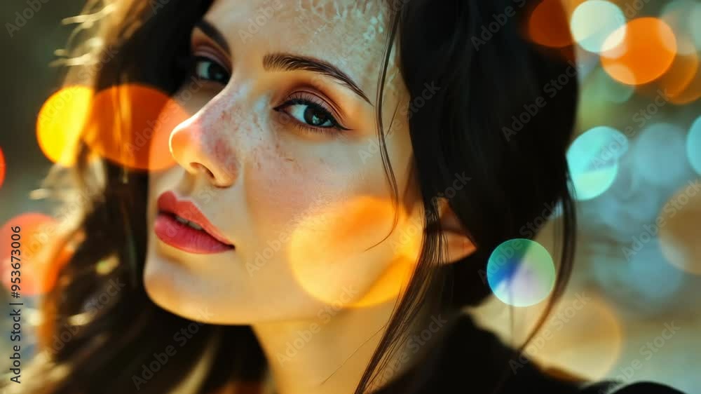 Captivating close-up of a woman with striking blue eyes illuminated by colorful bokeh lights in a natural setting Captivating close-up of a woman with striking blue eyes illuminated by colorful bokeh lights in a natural setting